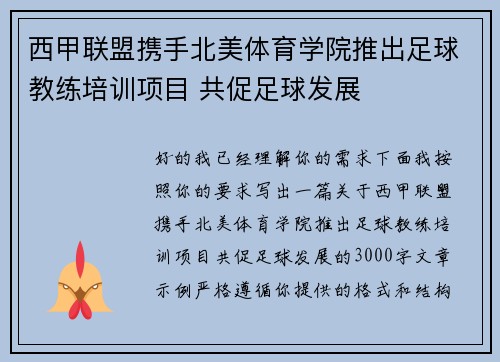 西甲联盟携手北美体育学院推出足球教练培训项目 共促足球发展 西甲联盟携手北美体育学院推出足球教练培训项目 共促足球发展