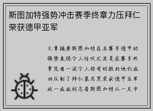 斯图加特强势冲击赛季终章力压拜仁荣获德甲亚军 斯图加特强势冲击赛季终章力压拜仁荣获德甲亚军